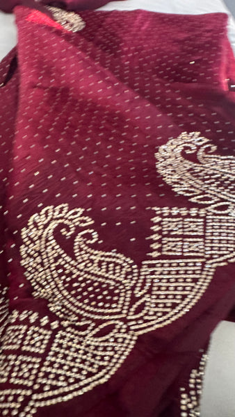 Deep Maroon Silk Crepe All-Over Stone Embellished Saree
