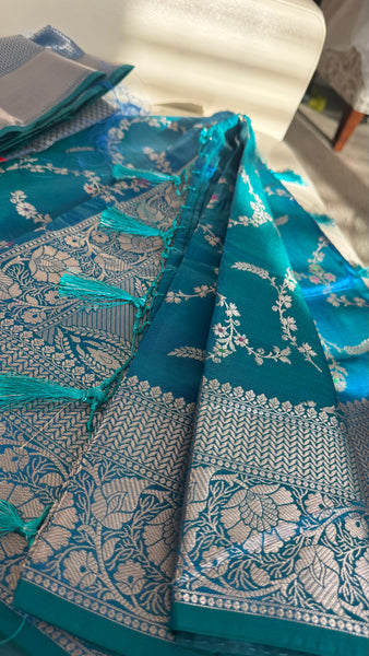 PEACOCK BLUE FLORAL SILK SAREE with SILVER ZARI BORDER
