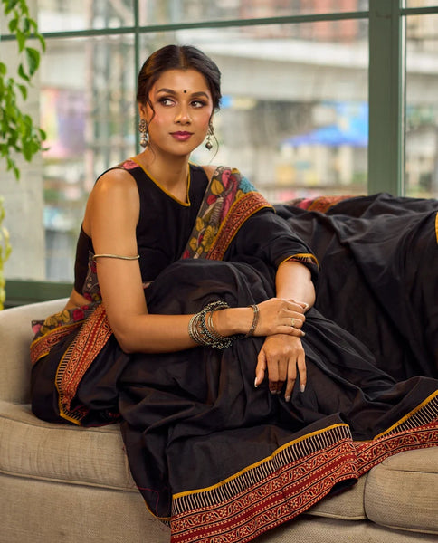 Black Cotton Saree with Ajrakh Print & Kalamkari Painted Border