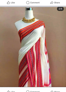 Agamoni Durga Puja Collection Red & White Cotton Silk Saree