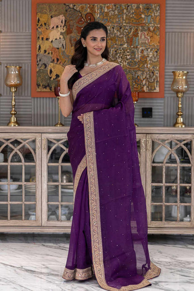 Purple Crepe Silk Sarees with Sabyasachi Border with Velvet Blouse