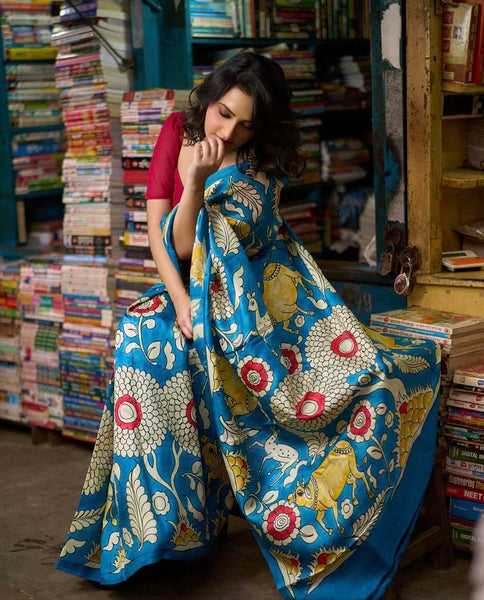 Blue Tussar Silk Saree with Bold Kalamkari Motifs
