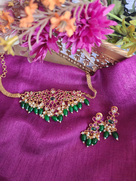 Goldplated Choker Necklace set with Green and Red Stonework