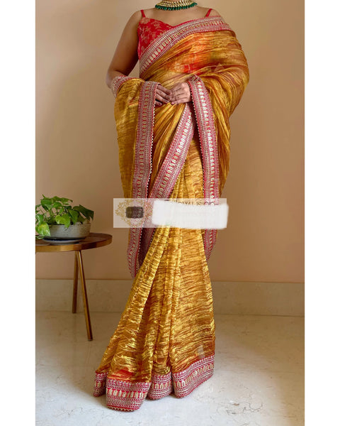 Gold Zari Tissue Saree with Red Border