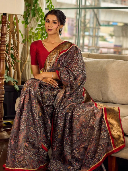 Dark Grey All-Over Kalamkari Floral Chanderi Saree with Gold Woven Zari Border & Maroon Hem Accent