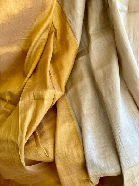Dual Tone Gold and Beige Silver Tissue Handloom Silk Saree