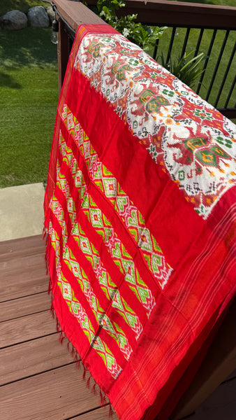 Pure Pochampally Double Weaving Ikat Silk Patola White Red Saree