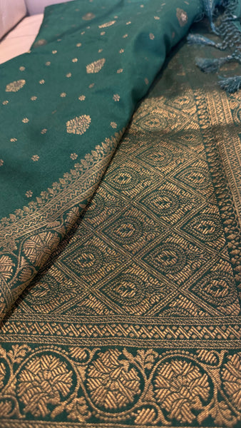 Green and Gold Pure Tussar Crepe Silk Saree
