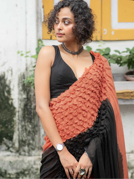 Rust and Black Ombre Mul Mul Cotton Saree with Hand Knots and Color Contrast
