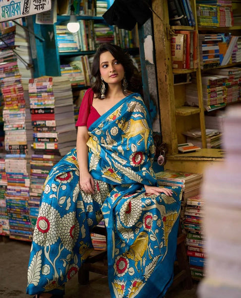 Blue Tussar Silk Saree with Bold Kalamkari Motifs