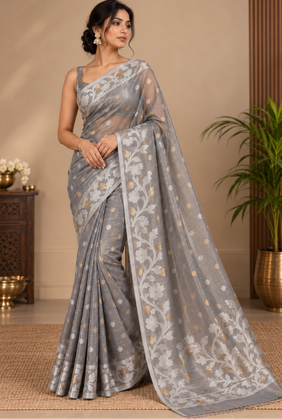 Grey Dual Tone Gold and White Resham Silk Muslin Jamdani Saree