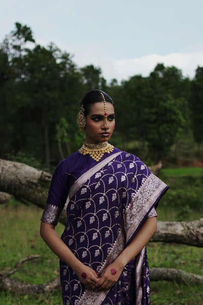 Evening Blue Handwoven Katan Banarasi Saree with Jaal Pattern and Floral Border