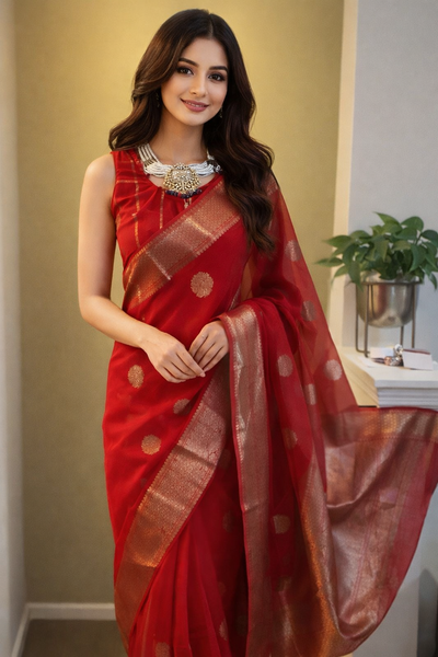 Red Pure Kora Silk Saree