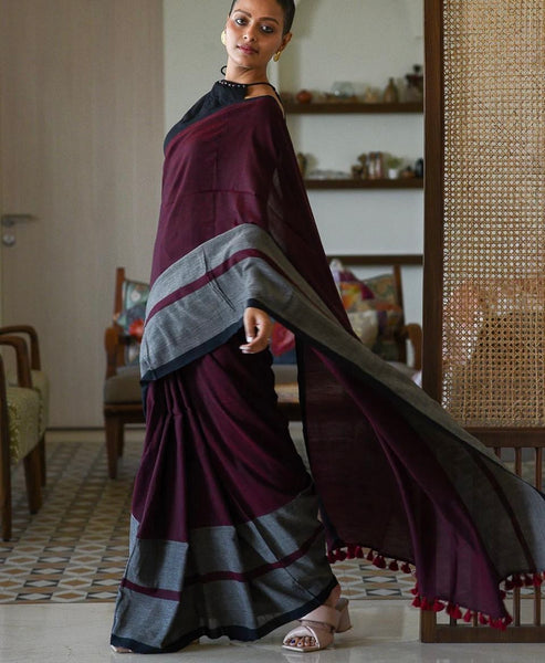 Dark Chocolate Maroon Cotton Handloom Saree