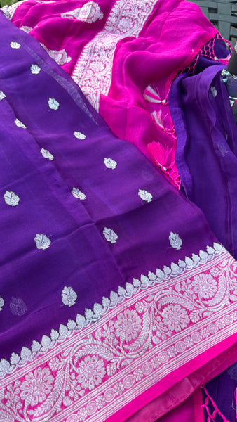Purple and Hot Pink  Pure Handwoven Khaddi Banarasi Chiffon Georgette Saree