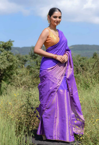 Blue and gold half-and-half saree with gold scallop lace