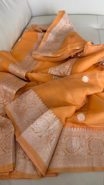 Peach Orangish and Silver Pure Handwoven Khaddi Banarasi Chiffon Georgette Saree