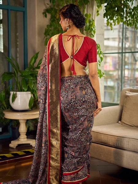 Dark Grey All-Over Kalamkari Floral Chanderi Saree with Gold Woven Zari Border & Maroon Hem Accent
