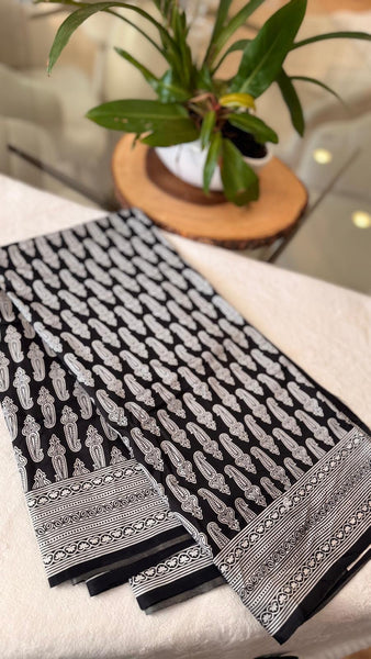 Black and White Soft Print Silk Saree
