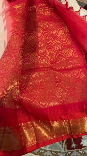 White and Red Cotton Gadwal Saree