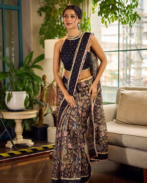 Mystic Black Kalamkari Print Chanderi Saree with Dotted Border & Pink Hem