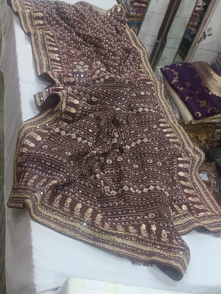 Bollywood Kareena Kapoor Chocolate Brown Georgette Block Print Silk Saree with Embroidery