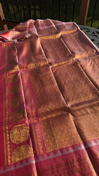 Rust Orange and Baby Pink Pure Silk Handloom Gadwal Saree