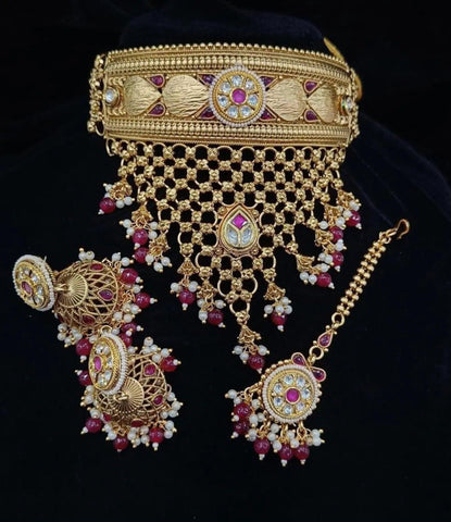 Gold plated Kundan bridal choker set with Jhumkas and Tikka