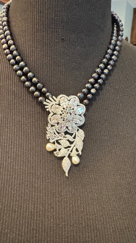 Natural Freshwater Black Real Pearl Set with CZ 3D Rose Design