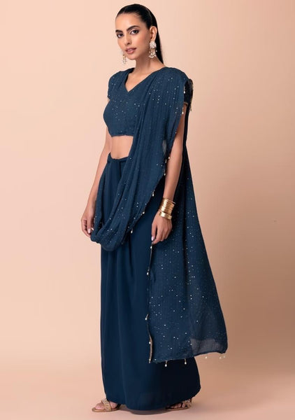 Navy Sequin Embroidered Pre-Stitched Saree (Without Blouse)