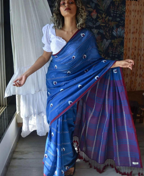 Blue Pure Cotton Saree with Weaving