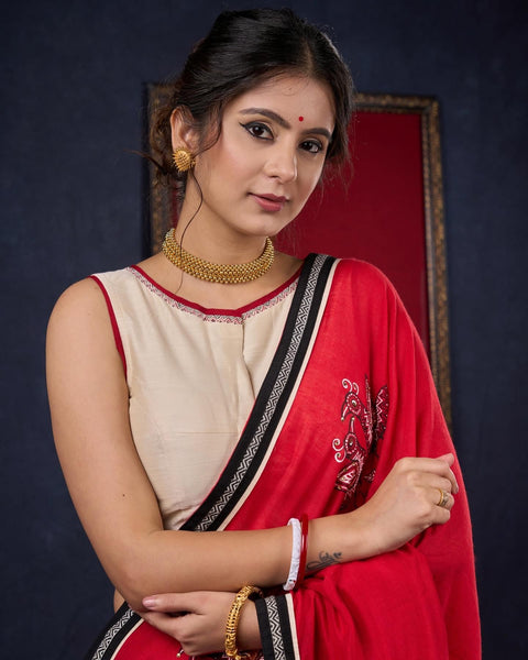 Red Handpainted Bengal Cotton Saree