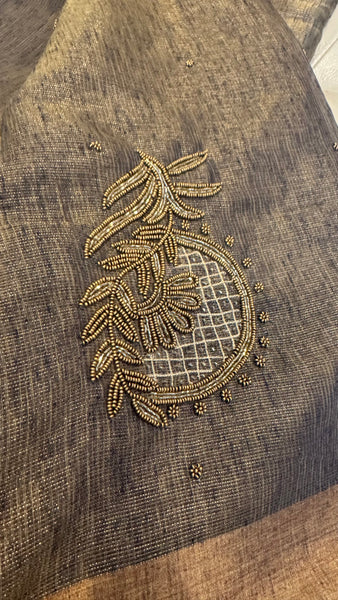 Dual Tone Grey Silver Gold Tone Tissue Linen Saree