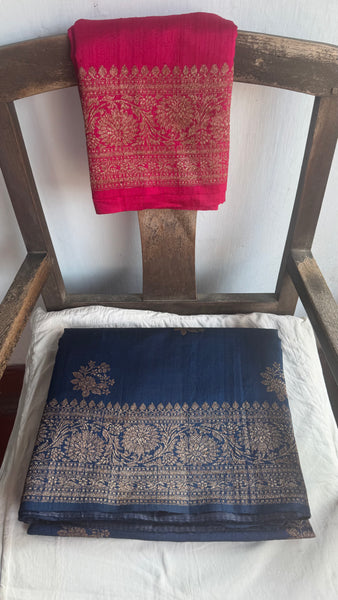 Deep Blue Banarasi Tussar Silk Saree with Antique Zari!