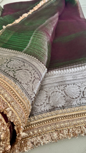 Iridescent Green Tissue Banarasi Brocade Silk Saree