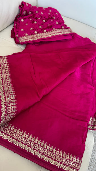 Fuchsia Pink Crepe Silk Saree with Zardosi Border