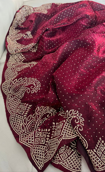 Deep Maroon Silk Crepe All-Over Stone Embellished Saree