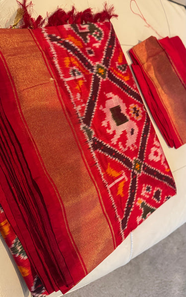 Pure Ikkat Double Weaving Silk Red and Multicolor Saree
