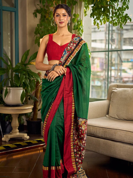 Bottle Green Cotton Saree with Contrast Maroon Border & Hand Painted Pen Kalamkari Pallu