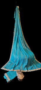 Turquoise and Antique Gold Georgette chiffon scalloped border with weaving blouse