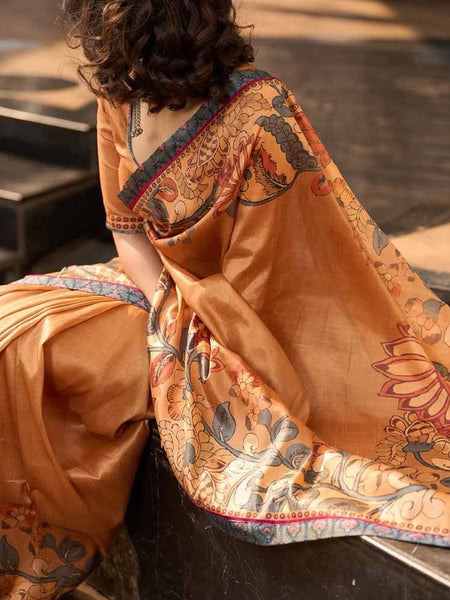 Mustard Tan Blended Silk Saree with Traditional Kalamkari Print