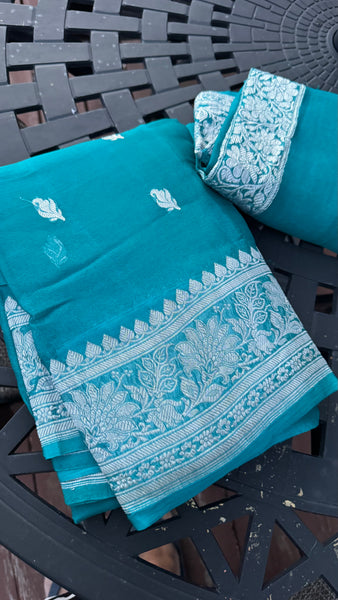 Teal Pure Handwoven Khaddi Banarasi Chiffon Georgette Saree