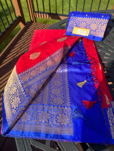 Tomato Red Soft Banarasi Pattu Katan Silk Saree with Zari weaves with Deep Navy Blue Border
