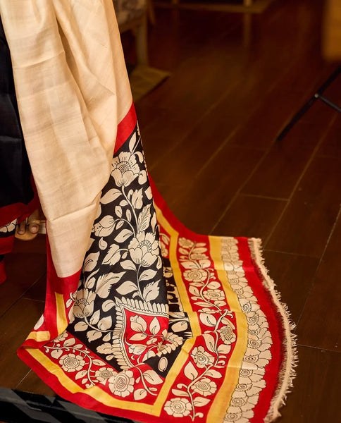 Black Pure Silk Saree with Red & Ivory Kalamkari Floral Border