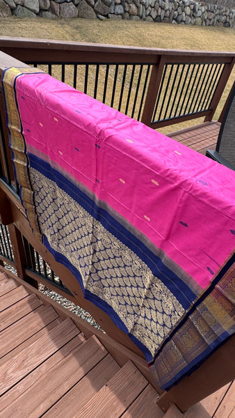 Pink and Navy Blue Soft Silk Saree