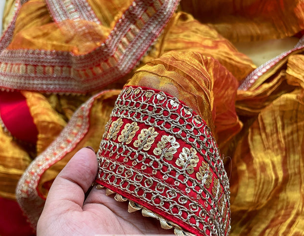 Gold Zari Tissue Saree with Red Border