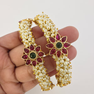 Set of 2 Pearl Ruby Emerald Gold Kemp Openable Bangles