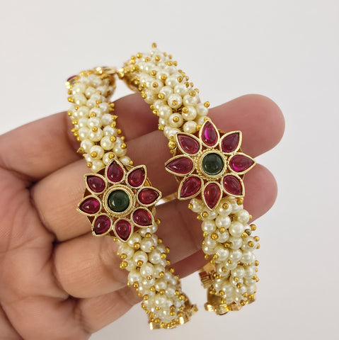 Set of 2 Pearl Ruby Emerald Gold Kemp Openable Bangles