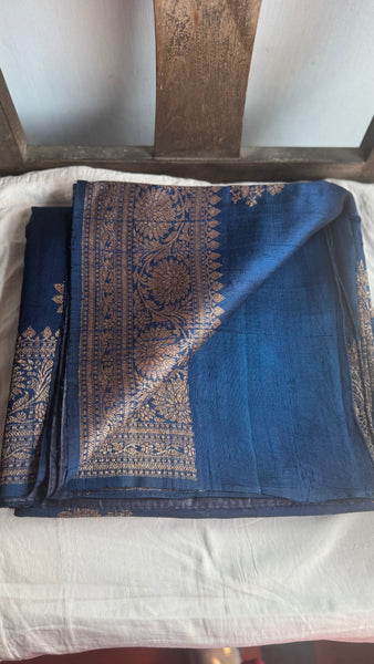 Deep Blue Banarasi Tussar Silk Saree with Antique Zari!