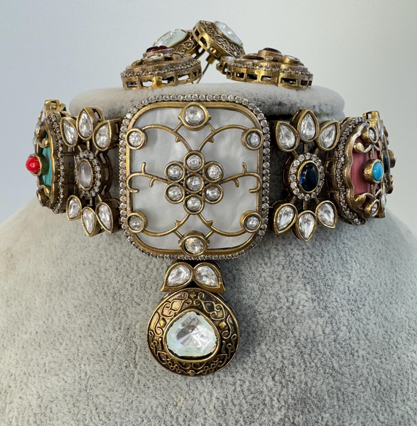 Multi Victorian Sabyasachi-inspired Moissanite polki Kundan choker Necklace Set